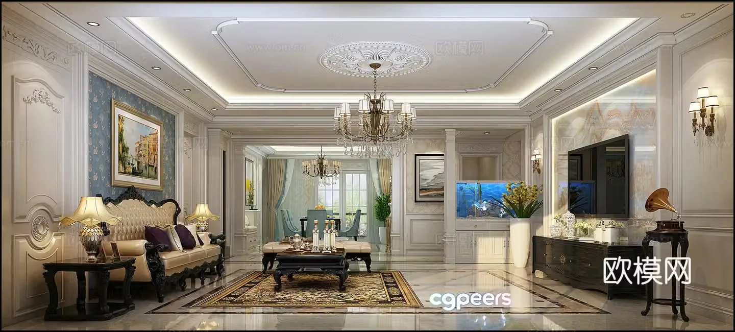European style living room chandeliers desk lamp multi-person sofa single sofa coffee table decorative cabinet 3D model