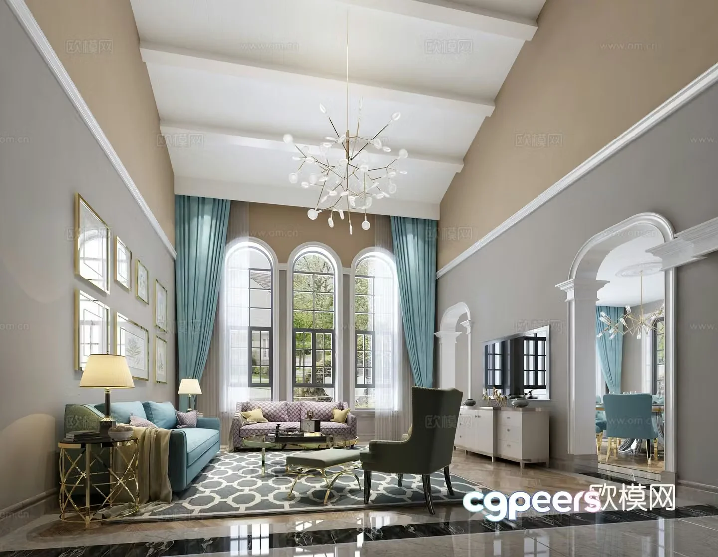 Simple European living room sofa coffee table carpet chandeliers ornaments TV cabinet TV back 3D model