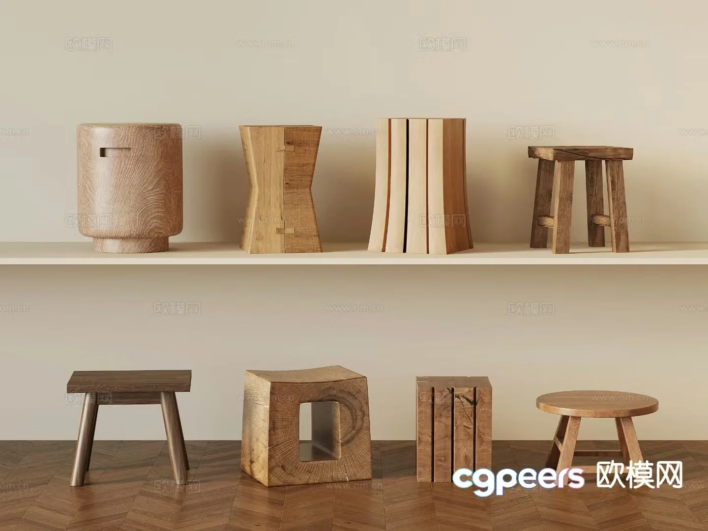 Wabi-sabi style stool wooden stool round stool wooden pier square stool 3D model