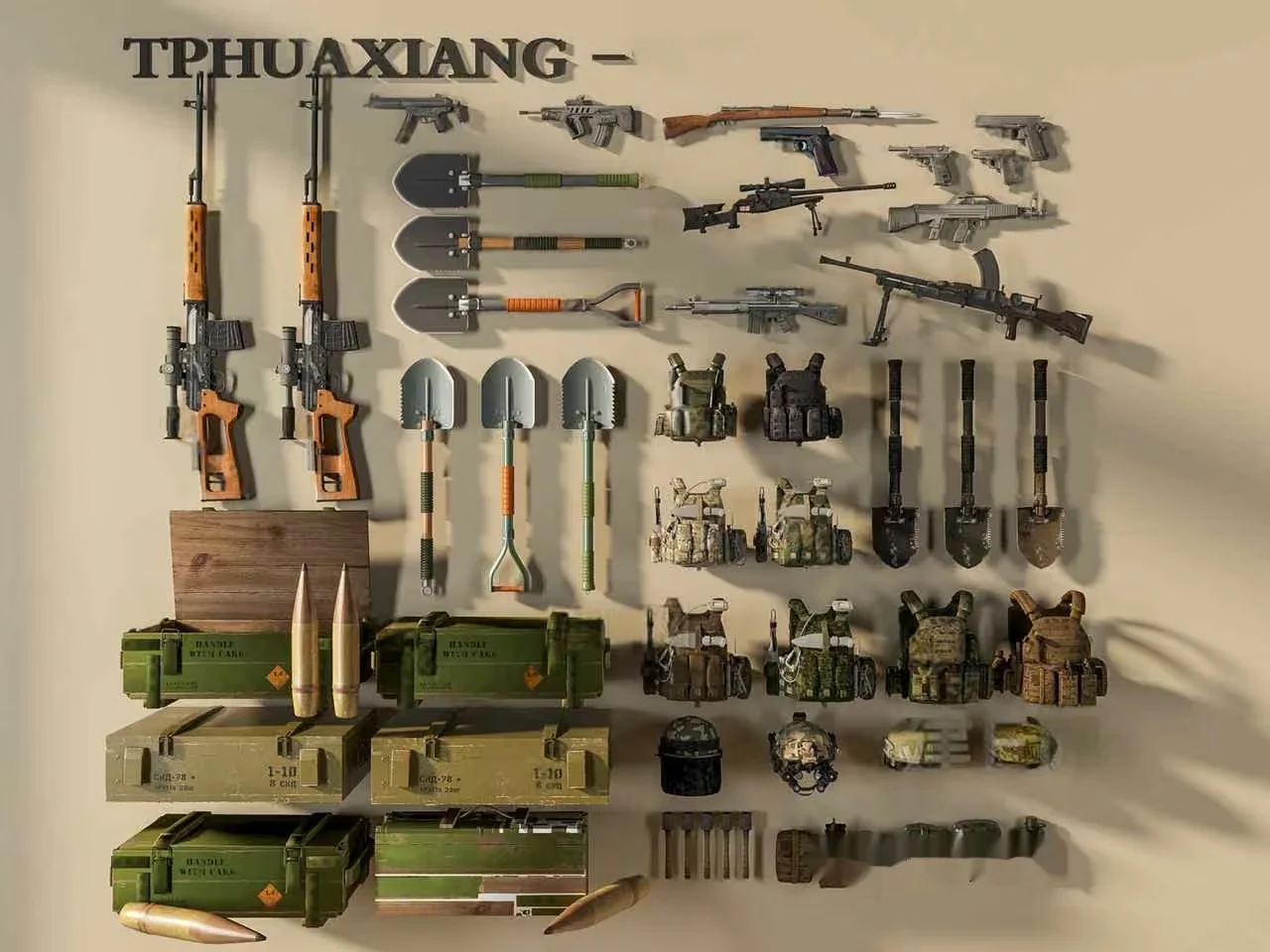 A Collection Of Military Weapons And Tools 3D Model – 15562 – CORONA Render
