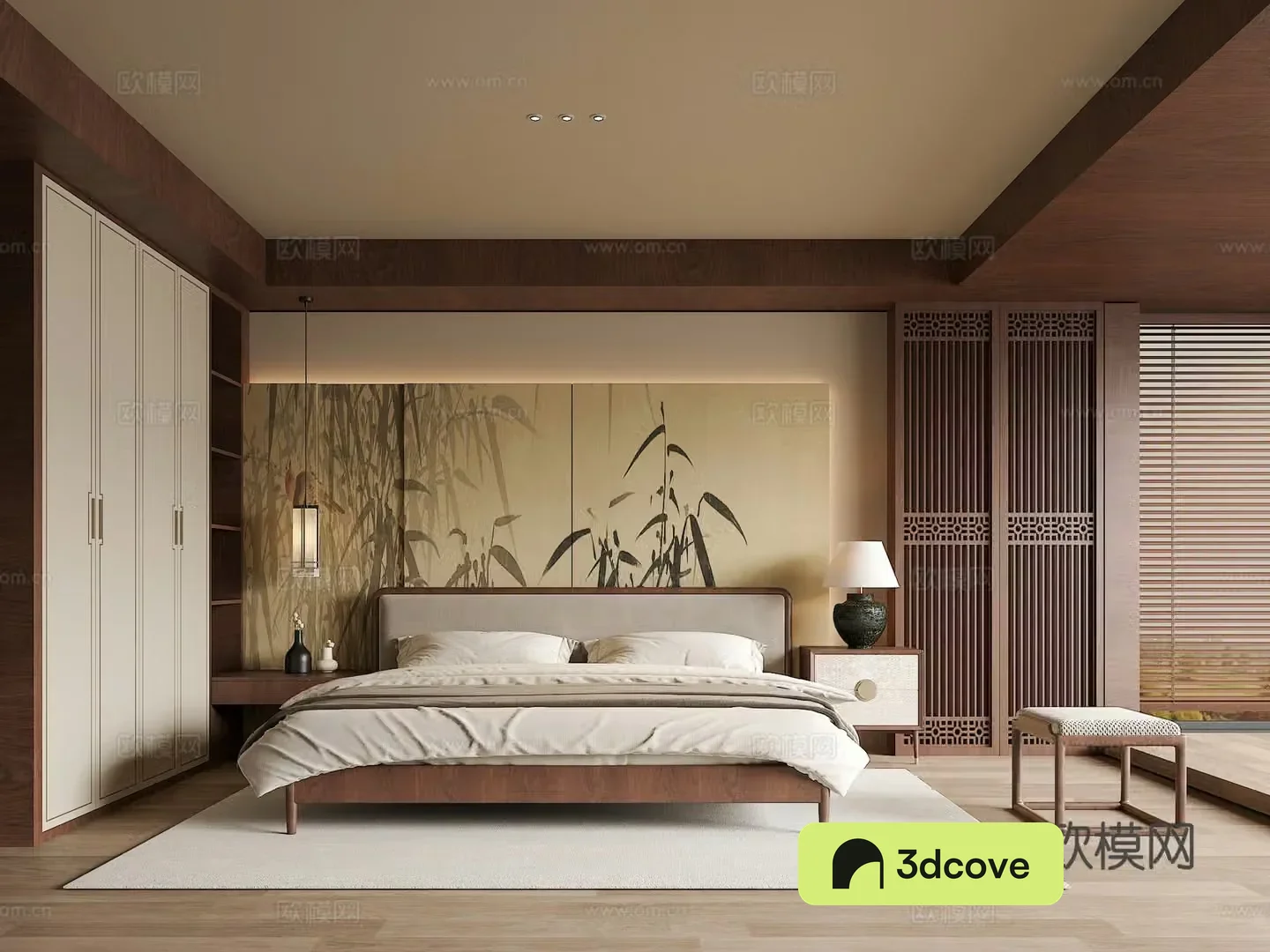 Song’s medieval style bedroom double bed combination bedside table chandeliers green plants ornaments background