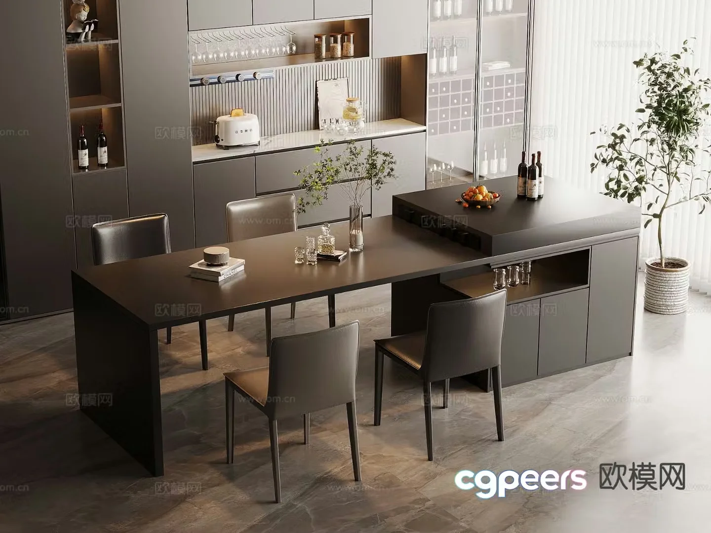 Modern island dining table and chairs 3d model