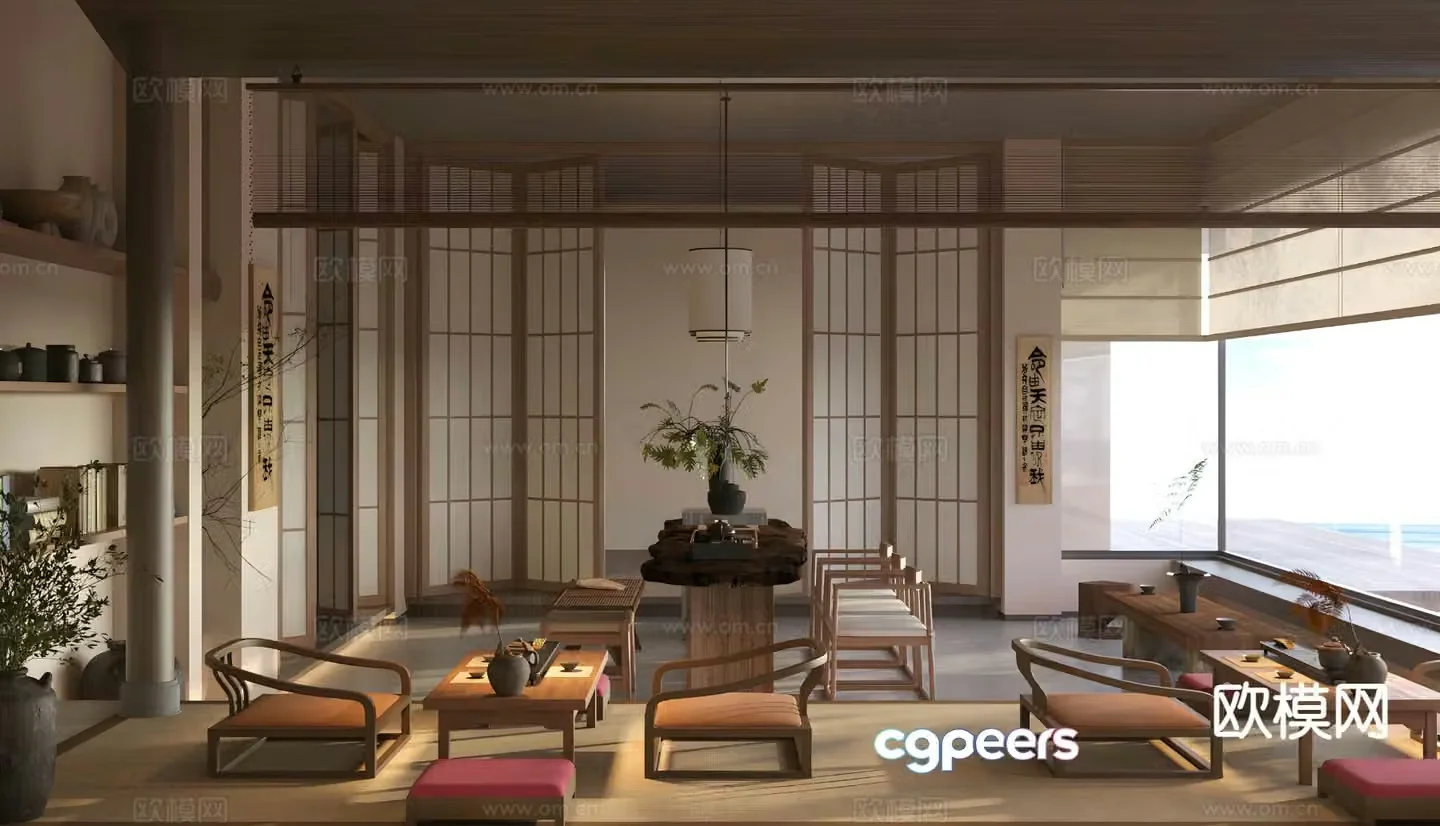 New Chinese-style tea house tatami tea table and chair 3D model
