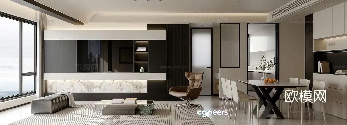 Modern living and dining room 3d model