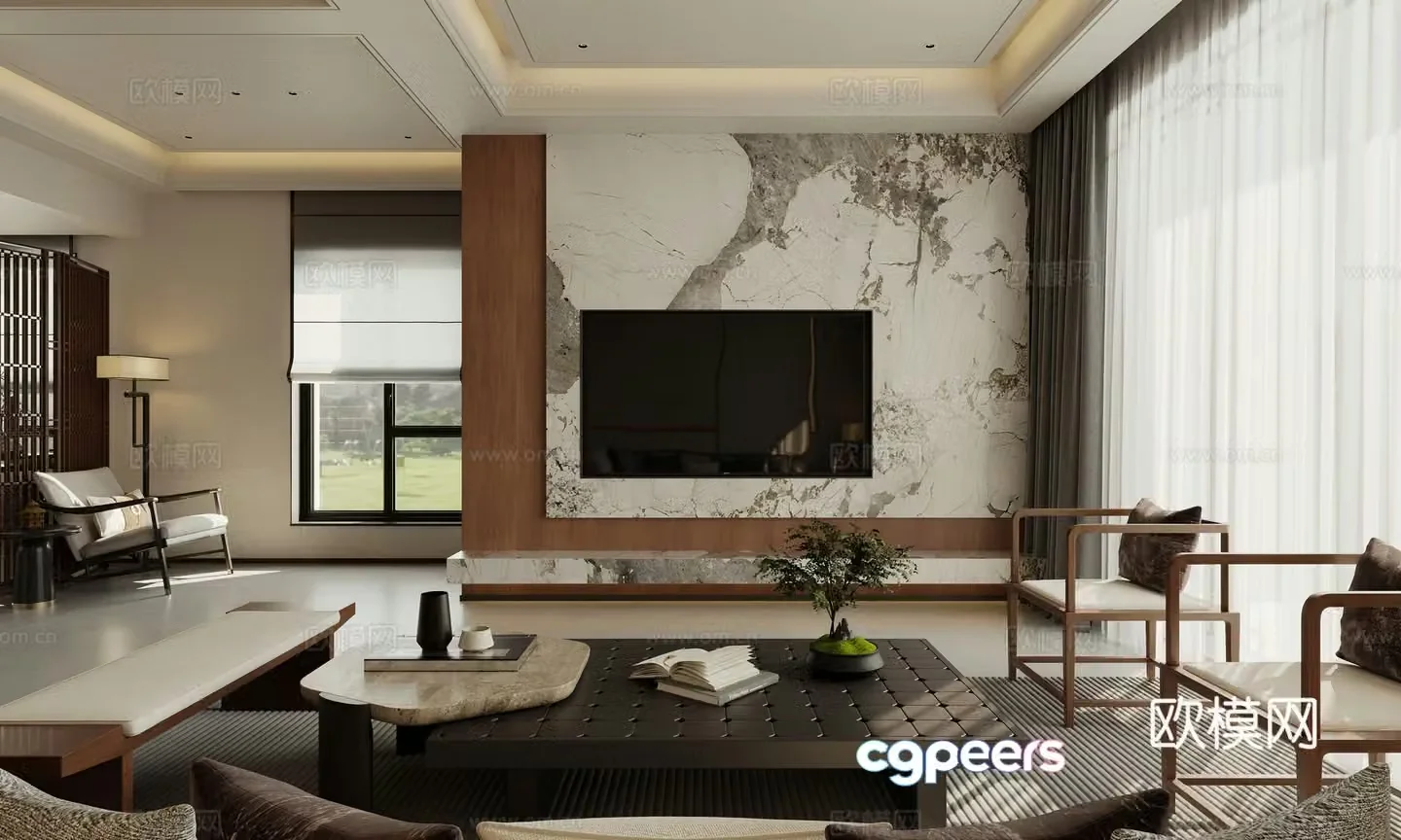 Chinese style villa living and dining room 3D model