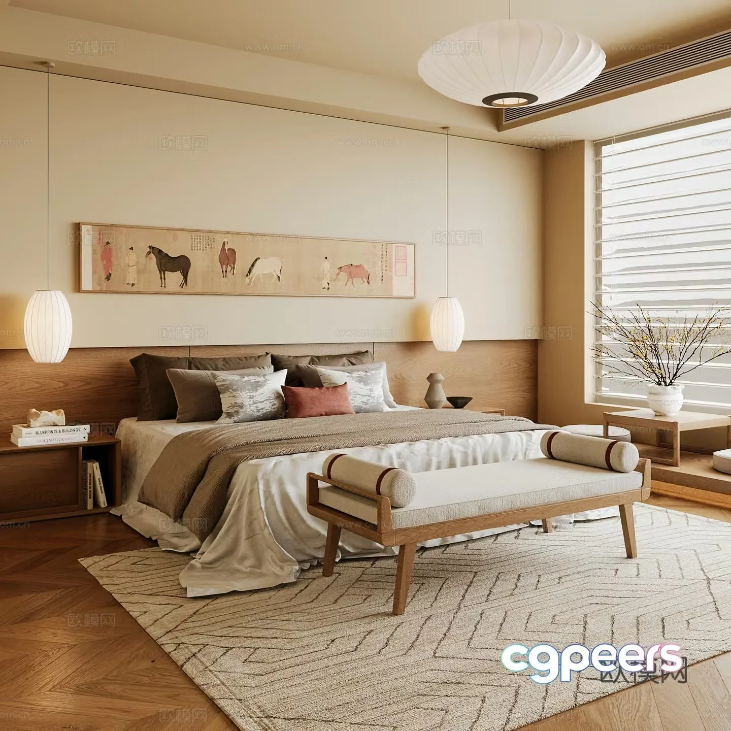 New Chinese style home bedroom Song family aesthetic bedroom Song style bedroom New Chinese style double bed New Chinese 3D model