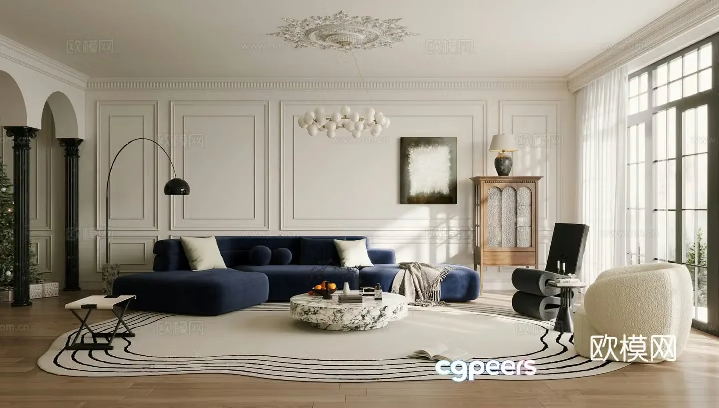 French home living room horizontal hall large flat living room 3D model