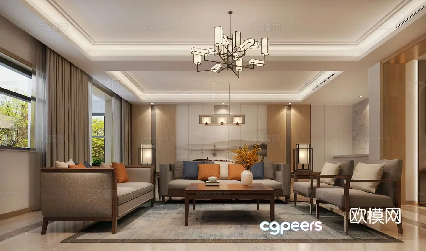 New Chinese style living and dining room kitchen water bar tea table leisure area sofa coffee table hanging 3D model