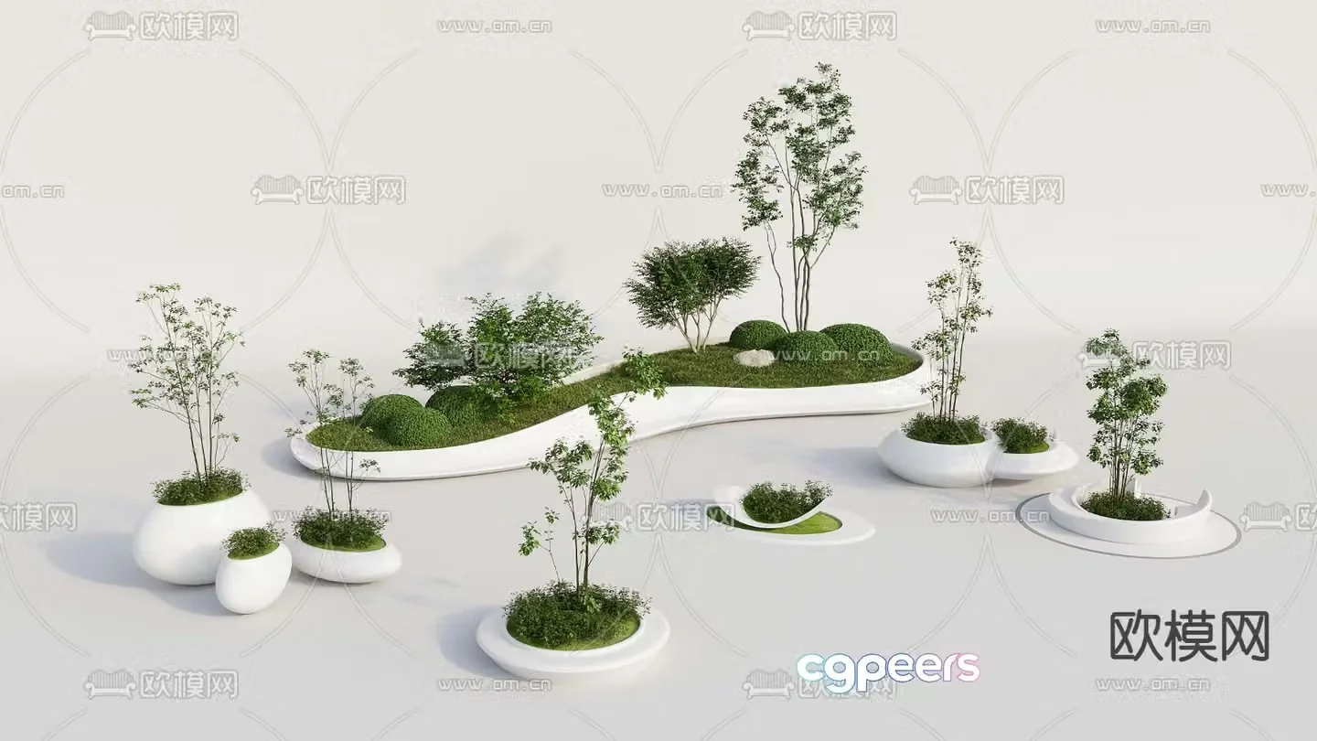 Tree Pond Landscape Green Plant Sketch Outdoor Flower Pond 3D Model