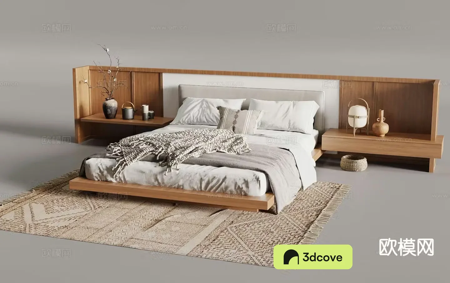 Log style double bed bedside background