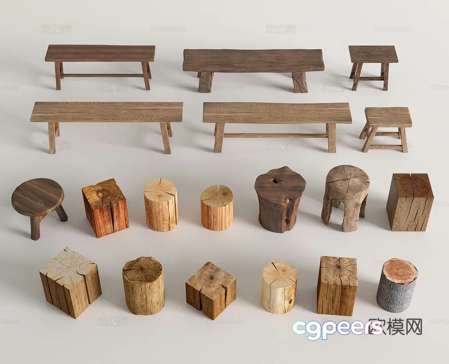 Modern wooden stool wooden stakes low stool long stool_stool 3d model