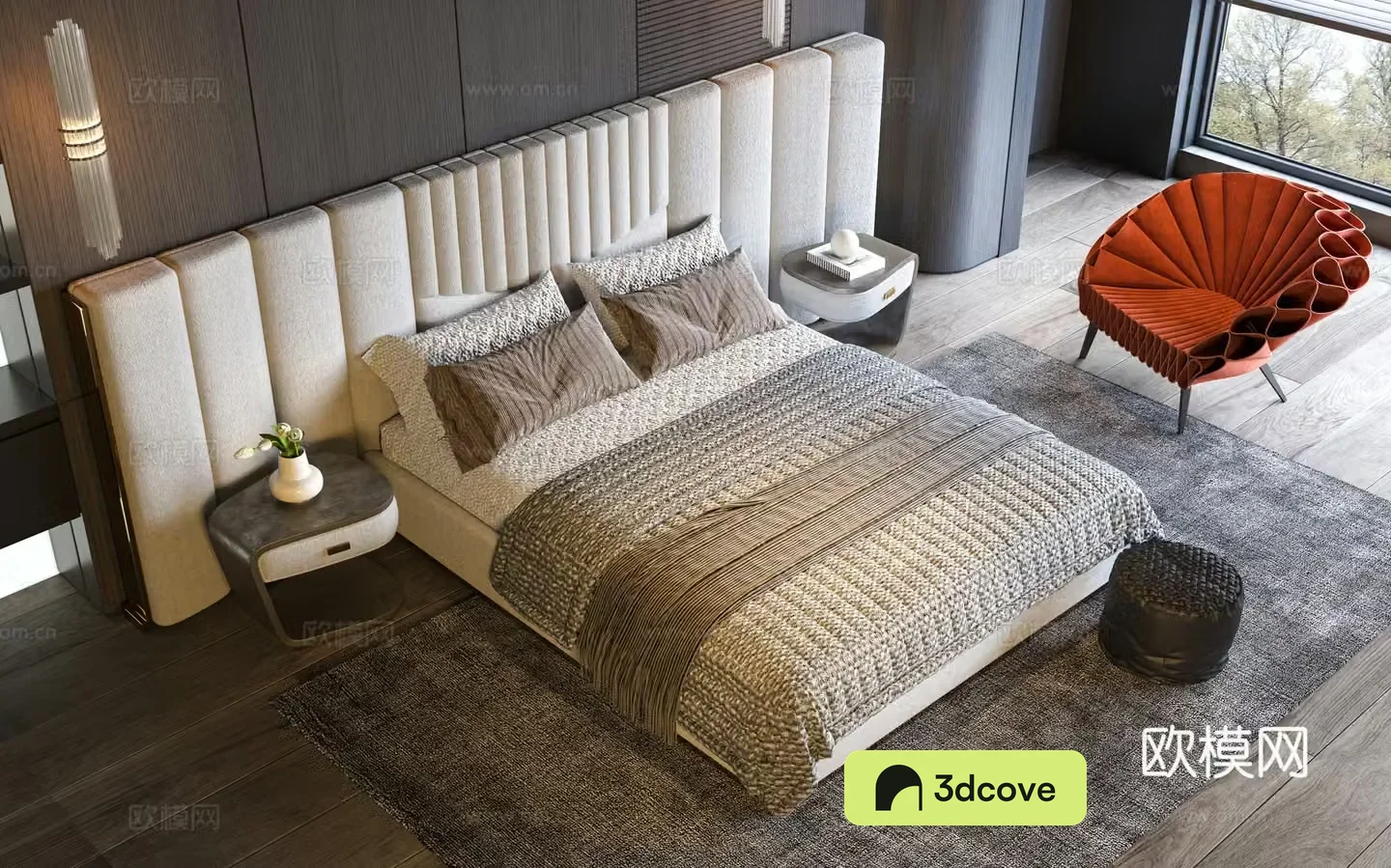 Modern Italian double bed Light luxury double bed Modern bedroom Bedside back bed Single chair Double