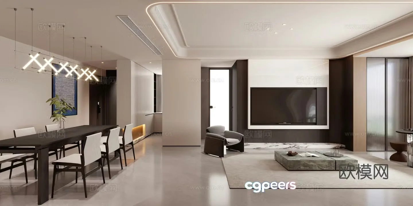 Modern living and dining room 3d model