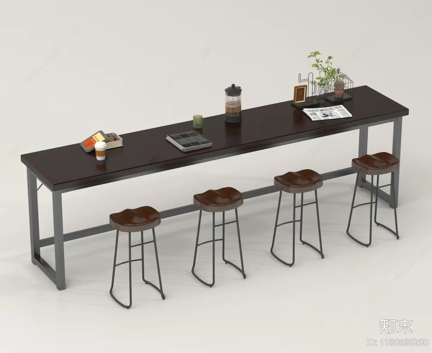 A Long Dark Brown Table With Stools 3D Model – 1038 – VRAY Render