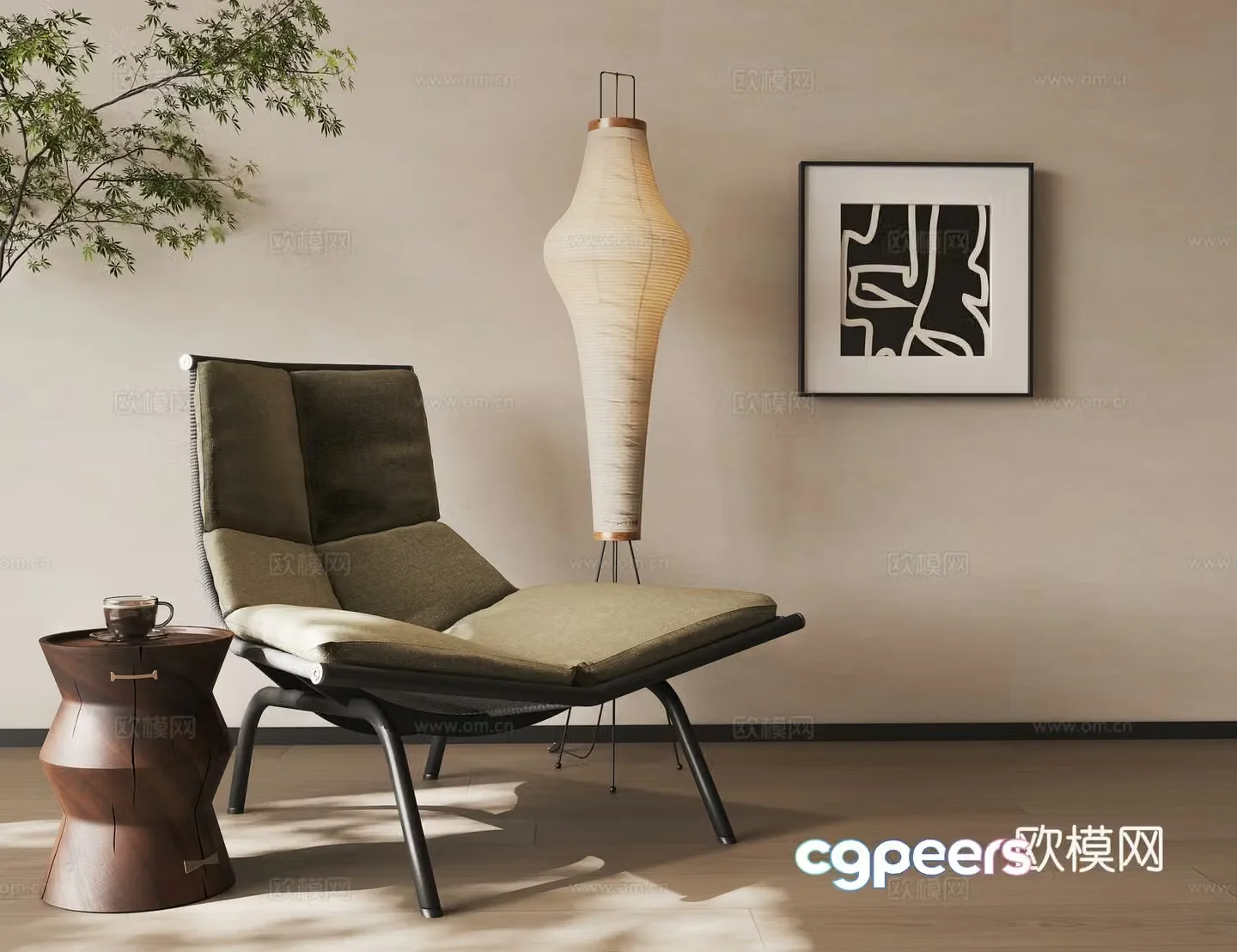 Wasabi style sofa chair recliner book chair fabric leisure chair rattan chair floor lamp side 3D model