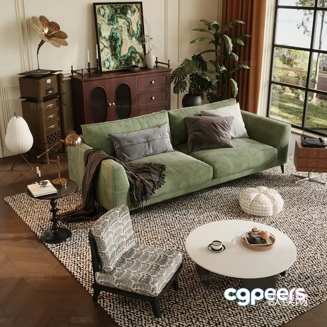 Medium-old home living room horizontal living room sofa coffee table combination retro living room chest of drawers 3d model
