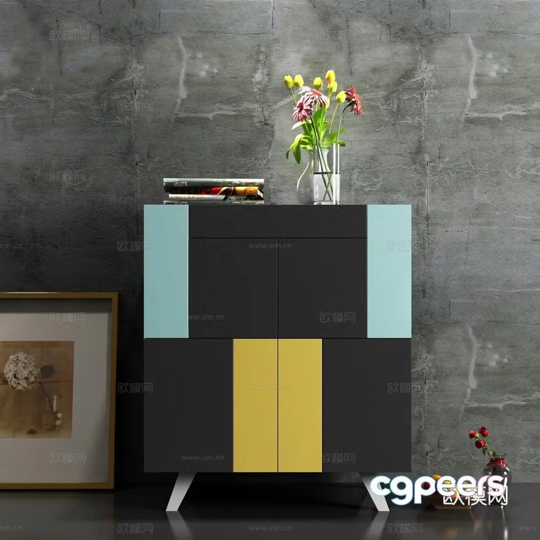Modern side cabinet decoration cabinet vase floral ornament 3d model