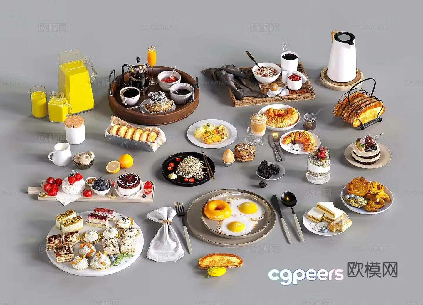 modern food bread cake coffee drink 3d model