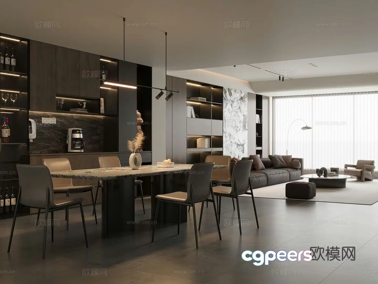 Italian dining room marble dining table and chairs sideboard wine cabinet leather sofa coffee table combination 3D model