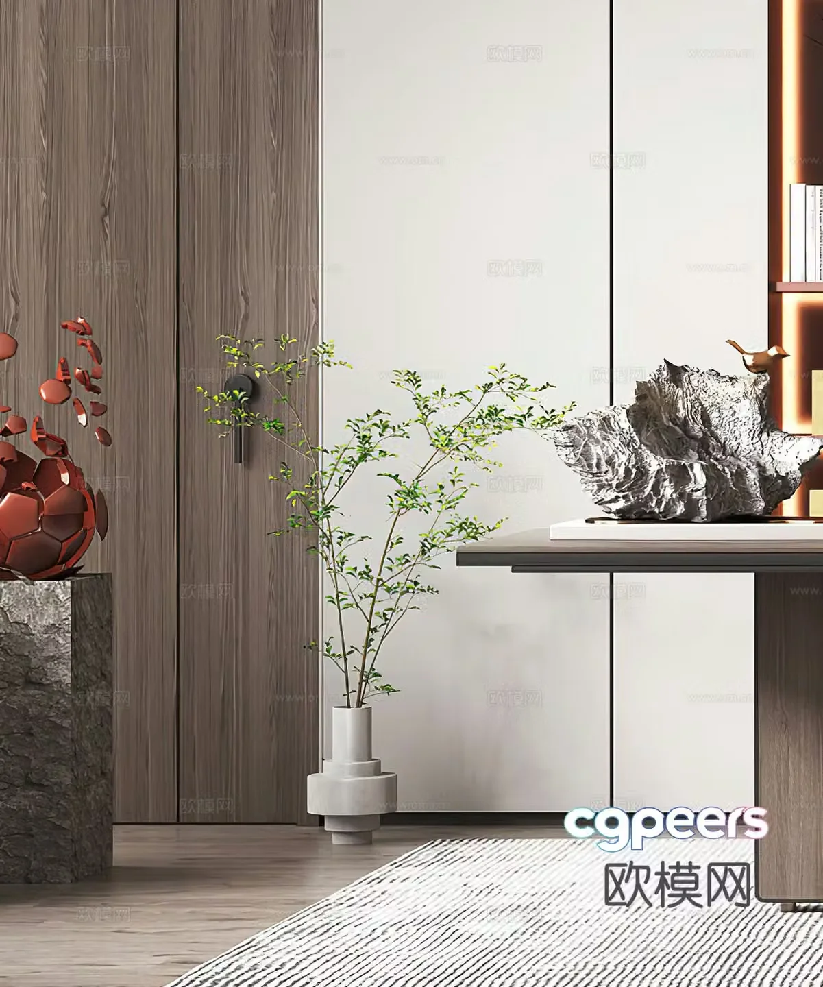 Modern potted plants bonsai ornaments decorations stones new Chinese potted plants simple 3D model of the entrance hall