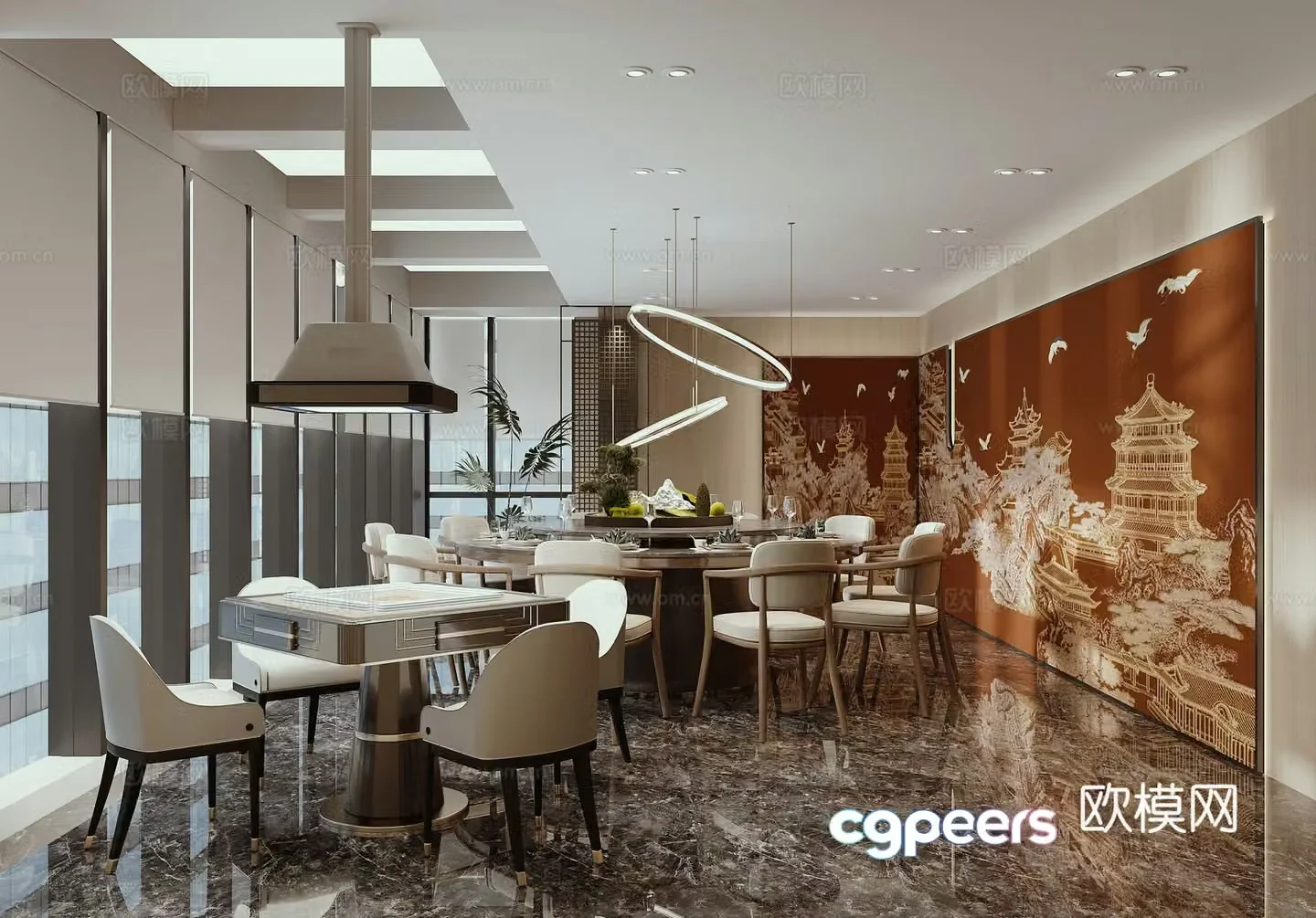 New Chinese restaurant private rooms Private rooms Hotel VIP rooms Mahjong table Mahjong lamp Curtain 3D model