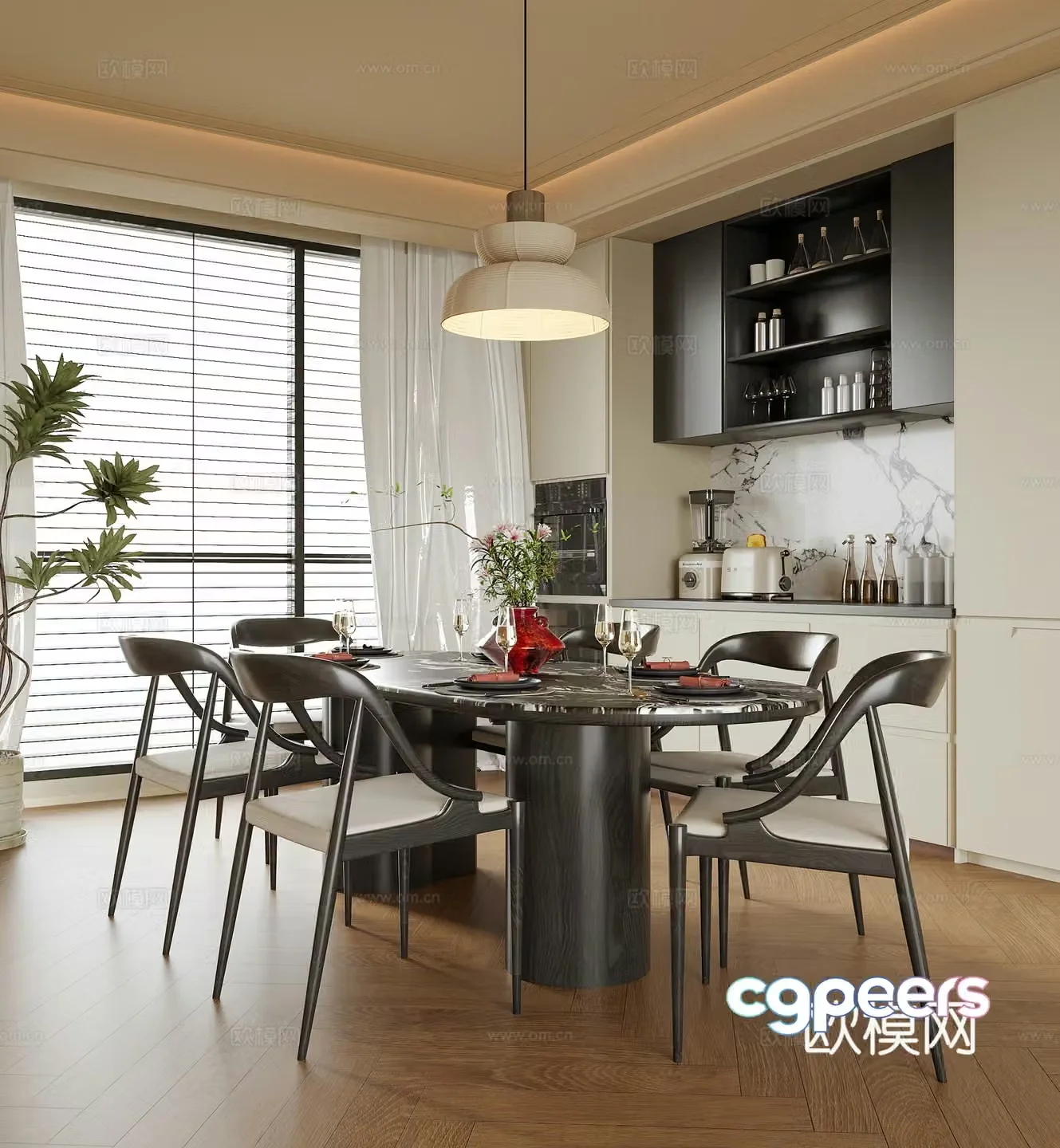 Modern restaurant dining table and chair sideboard chandeliers 3d model
