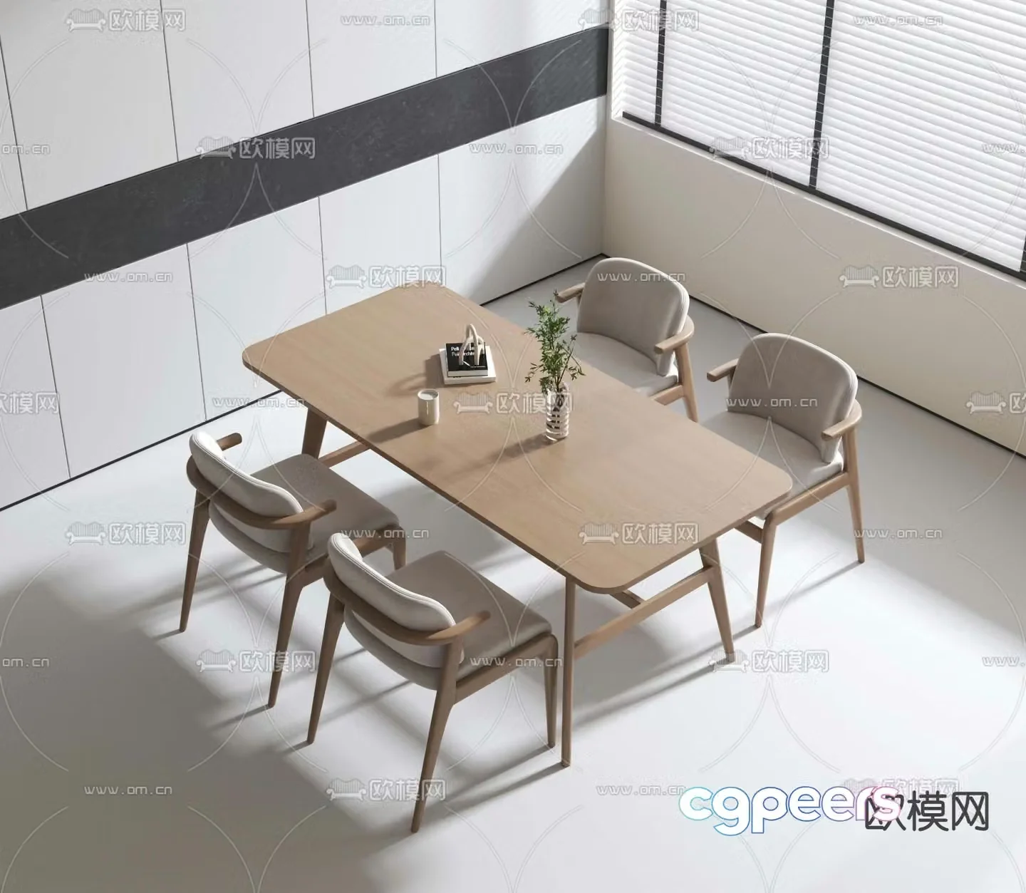 Long dining table and chairs 3d model