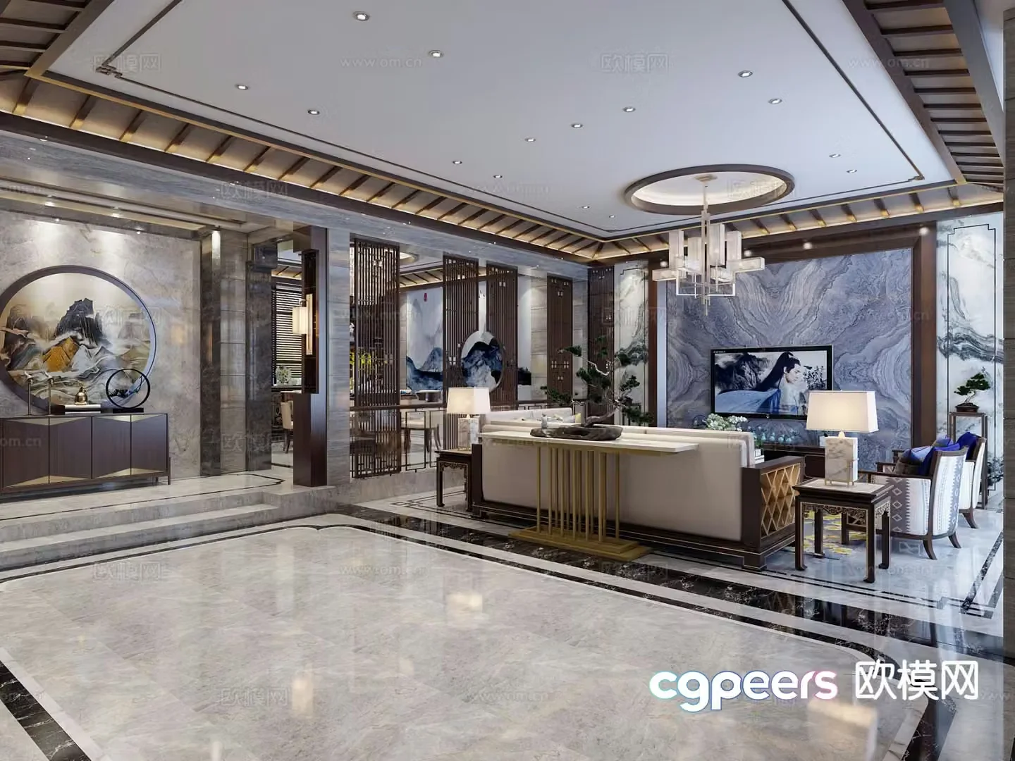 New Chinese style guest restaurant villa living room 3D model
