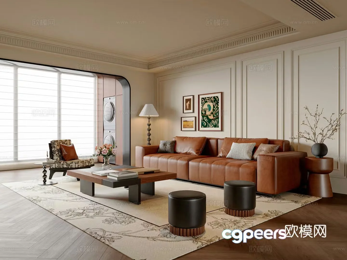 French medieval style living room sofa and coffee table combination leisure chair dunzi coffee table floor lamp 3D model