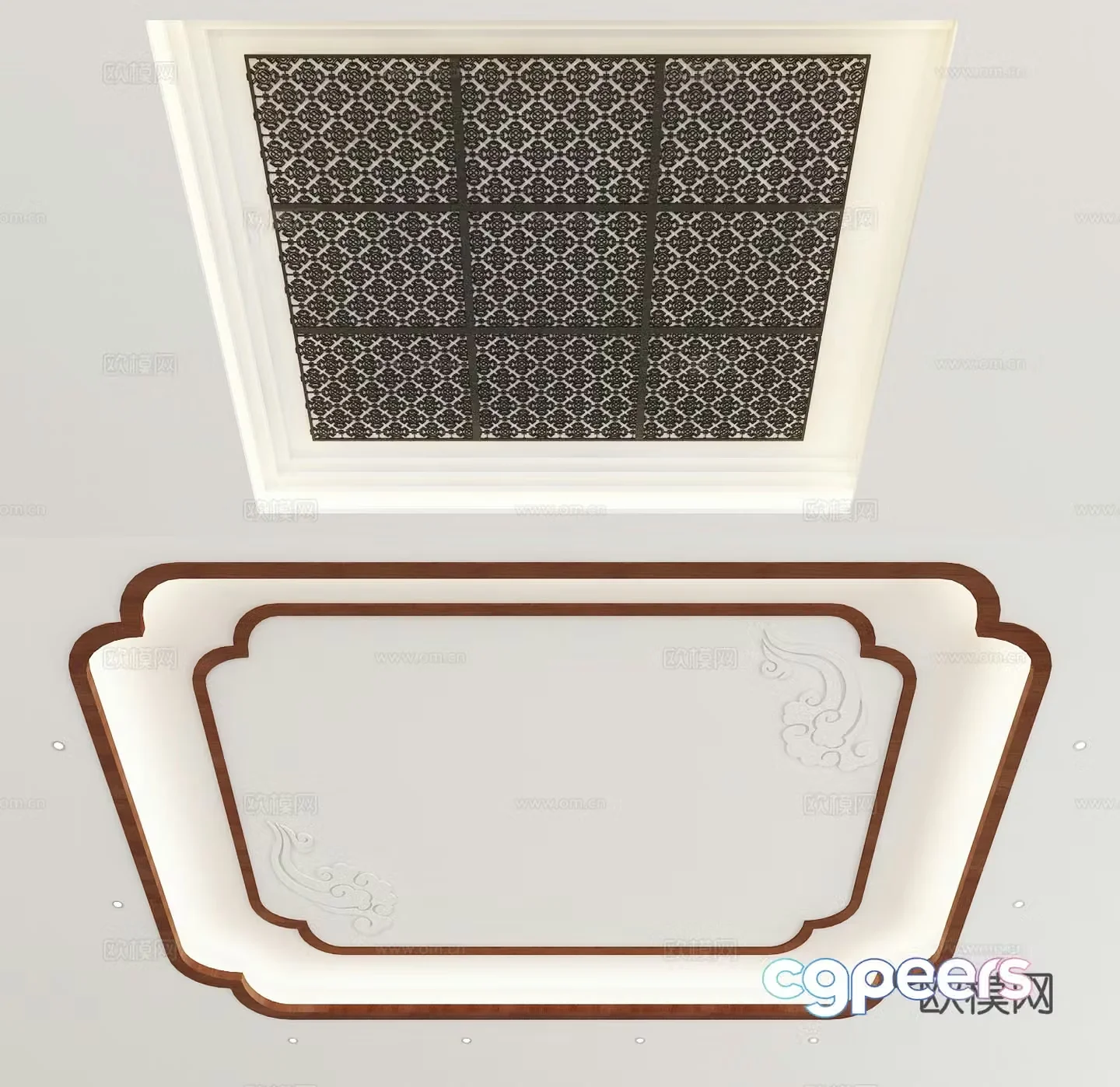 New Chinese style ceiling geometric wood grain ceiling 3D model