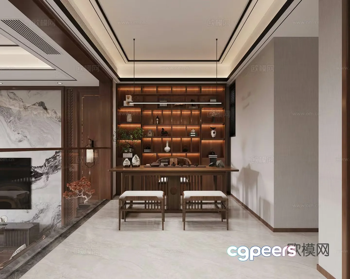 New Chinese style tea room teahouse tea table office study chandelier 3d model