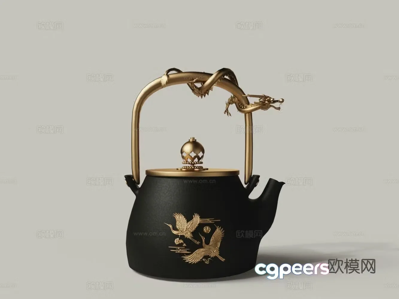 Chinese style crane plate dragon black clay brass carved teapot tea set 3D model