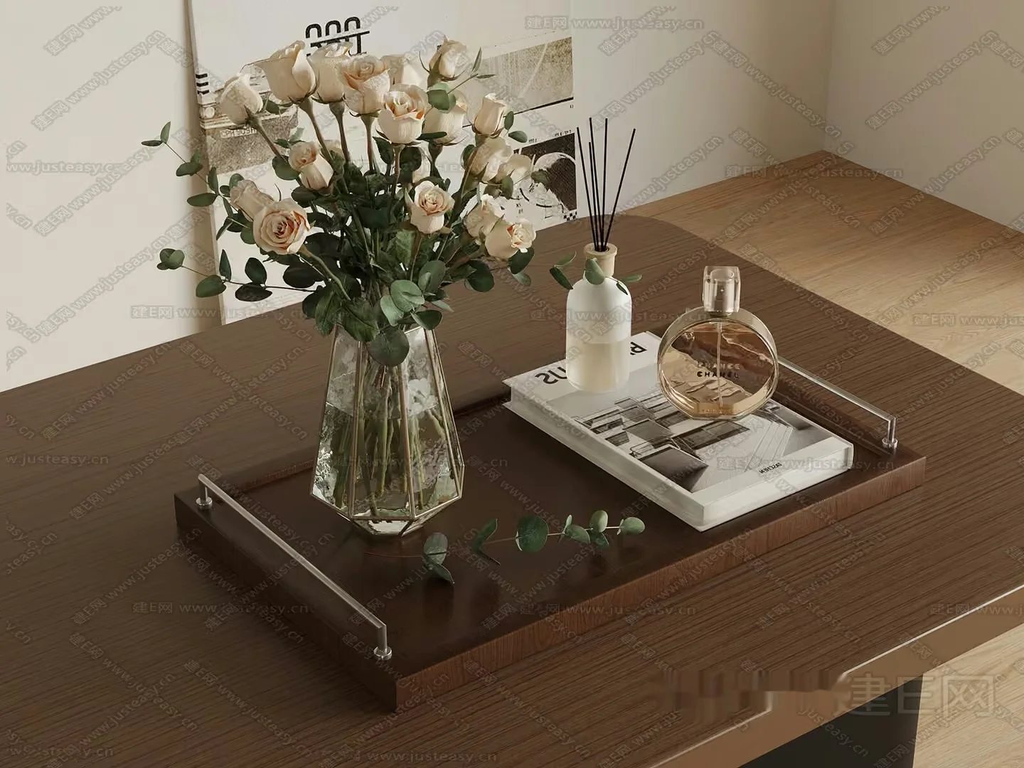 A Tray With A Vase Of Flowers 3D Model – 11782 – VRAY Render