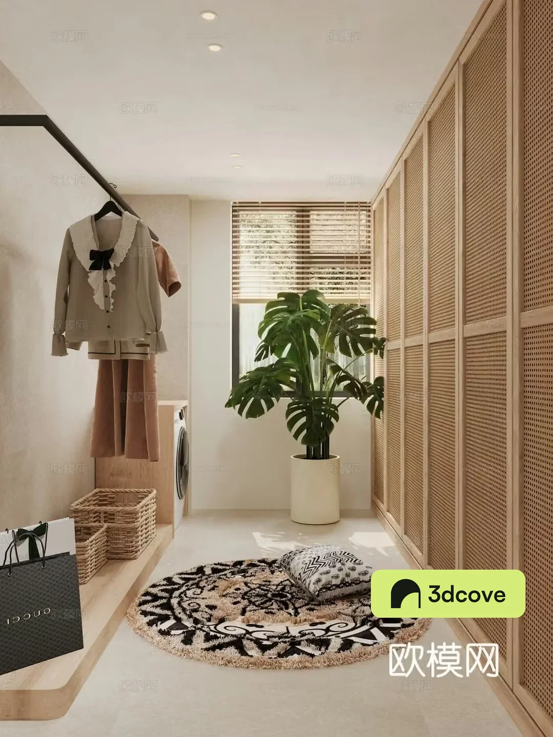 Cloakroom Log Brushroom Open Clothes Green Plant Carpet Washing Machine Clothes