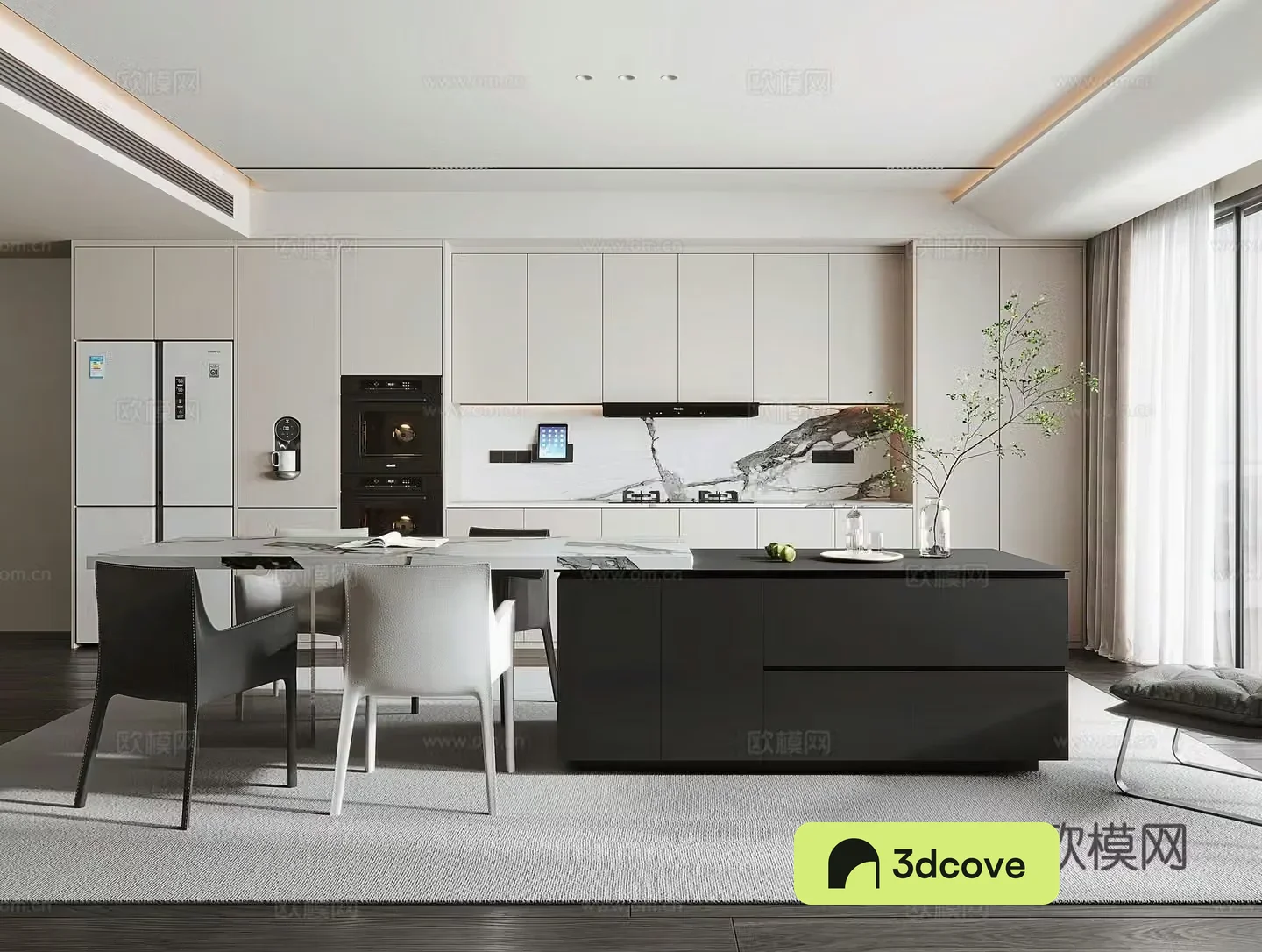 Modern minimalist open kitchen and dining room cabinet island dining chair combination Kitchen appliances