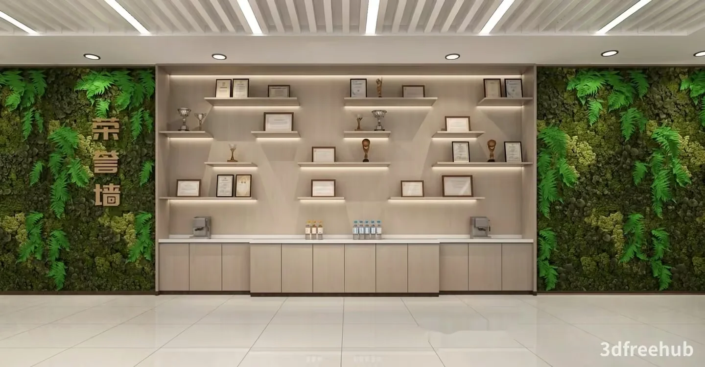 A Modern Office Reception Area With A Display Of Awards 3D Model – 20295 – VRAY Render