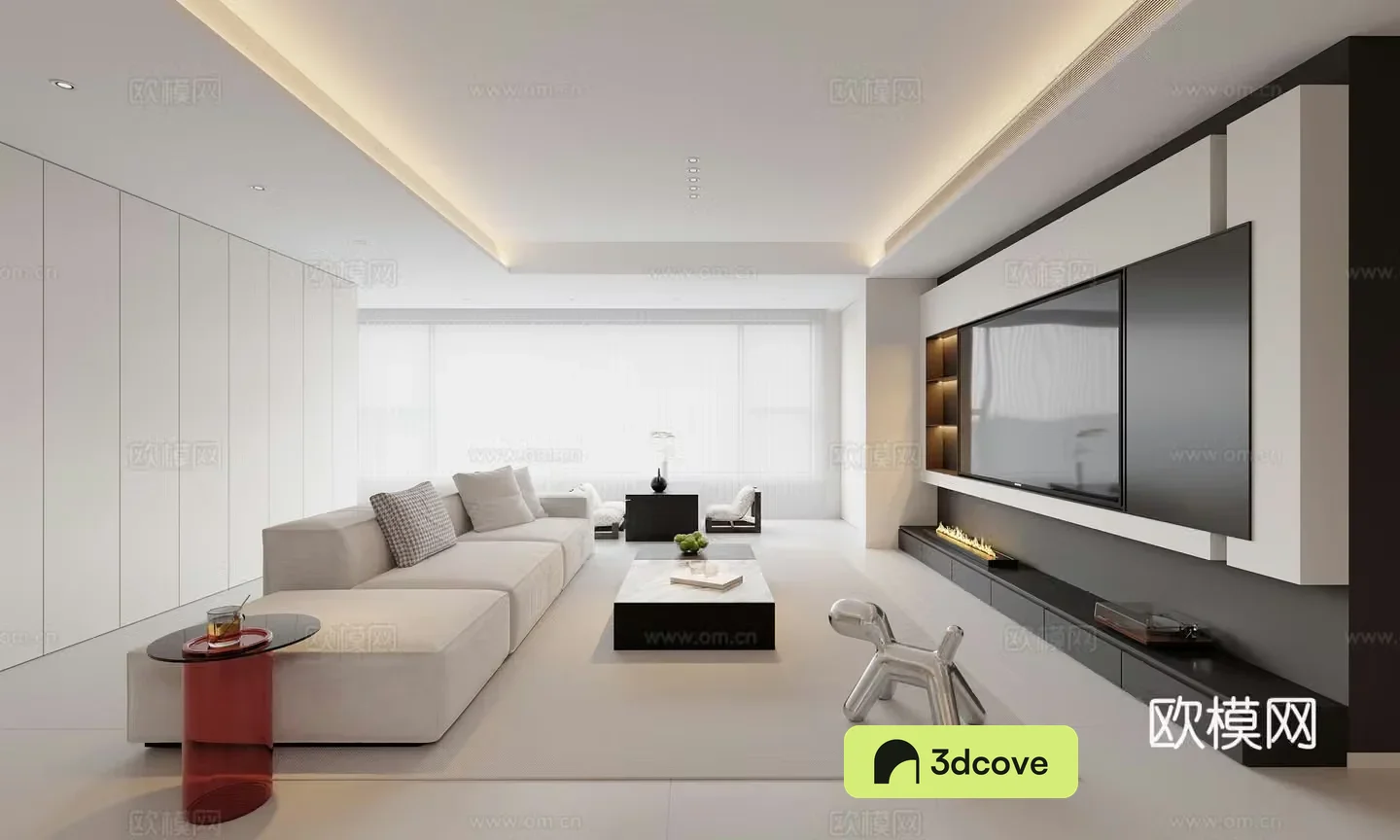 Modern minimalist black white and gray living and dining room kitchen