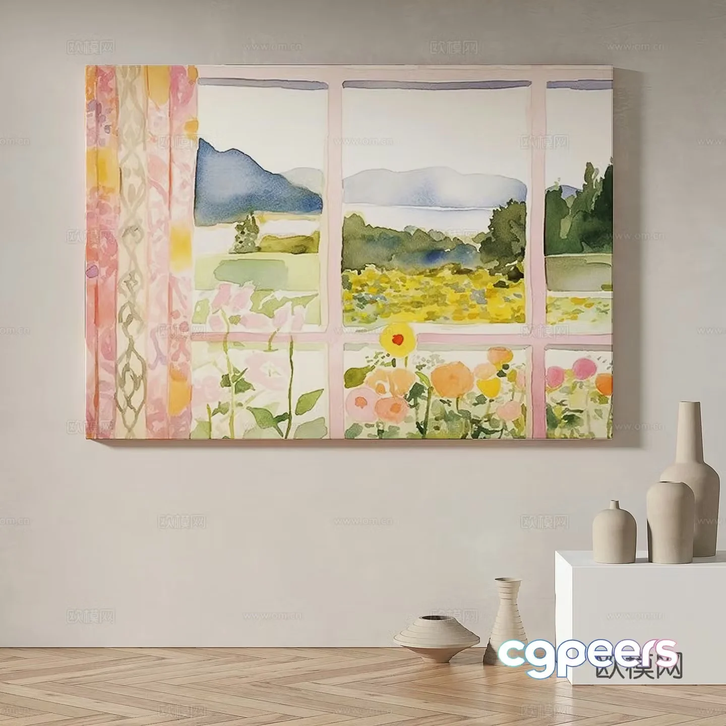 Modern minimalist abstract retro oil painting cream style decorative painting 3d model 3d model
