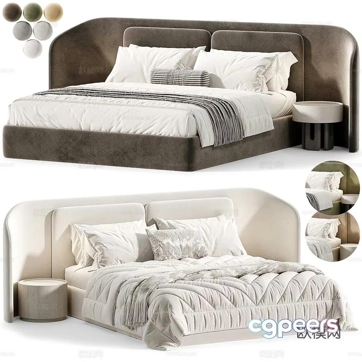 Modern cream style fabric double bed 3d model