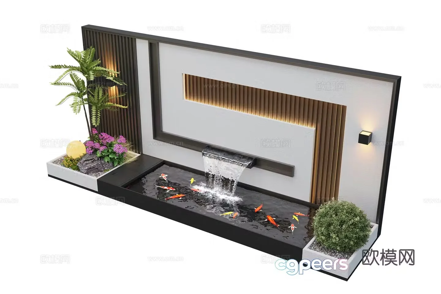 Modern courtyard waterscape waterscape wall stacked water landscape plants fish pond 3d model
