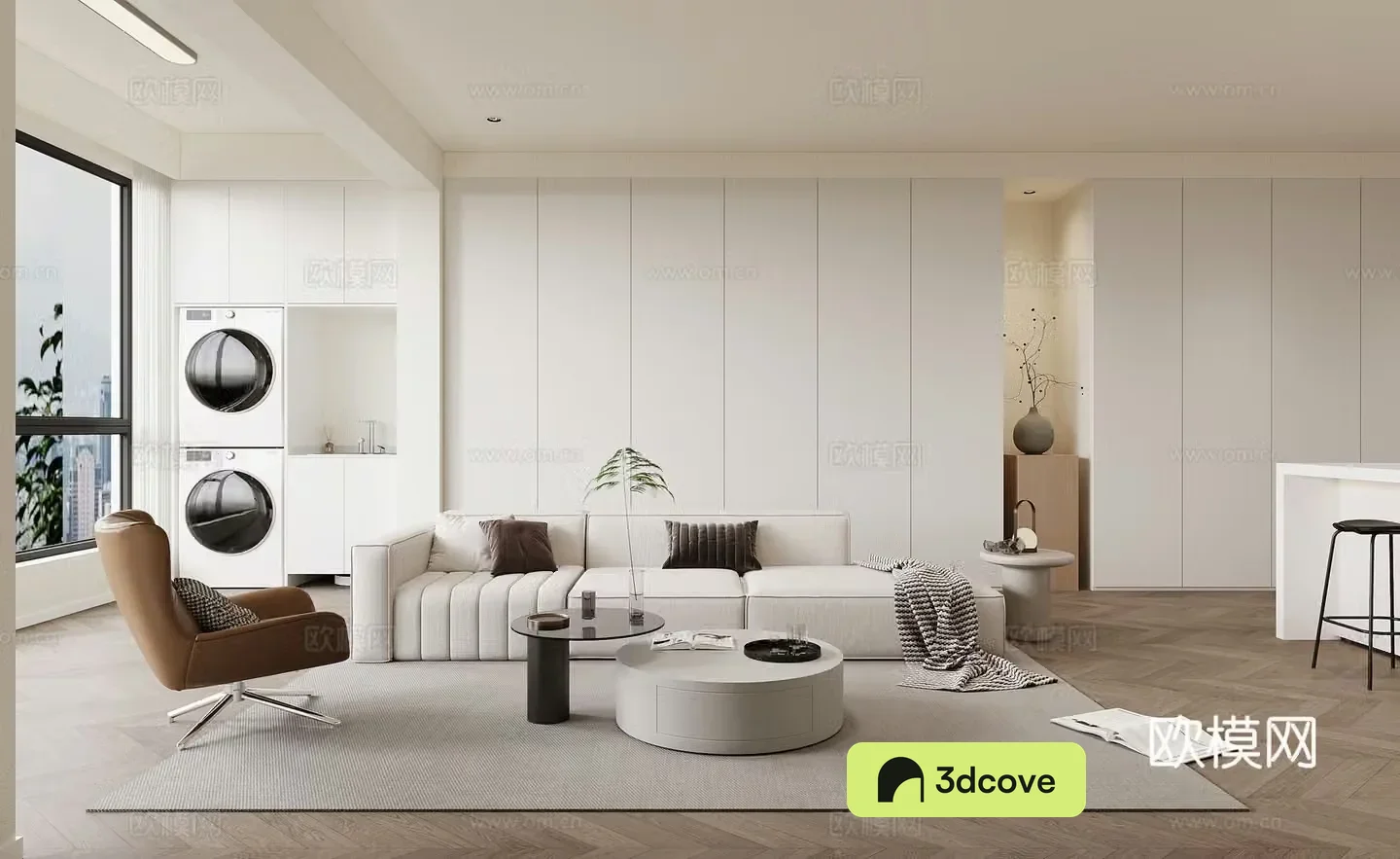 Modern minimalist living dining room open kitchen