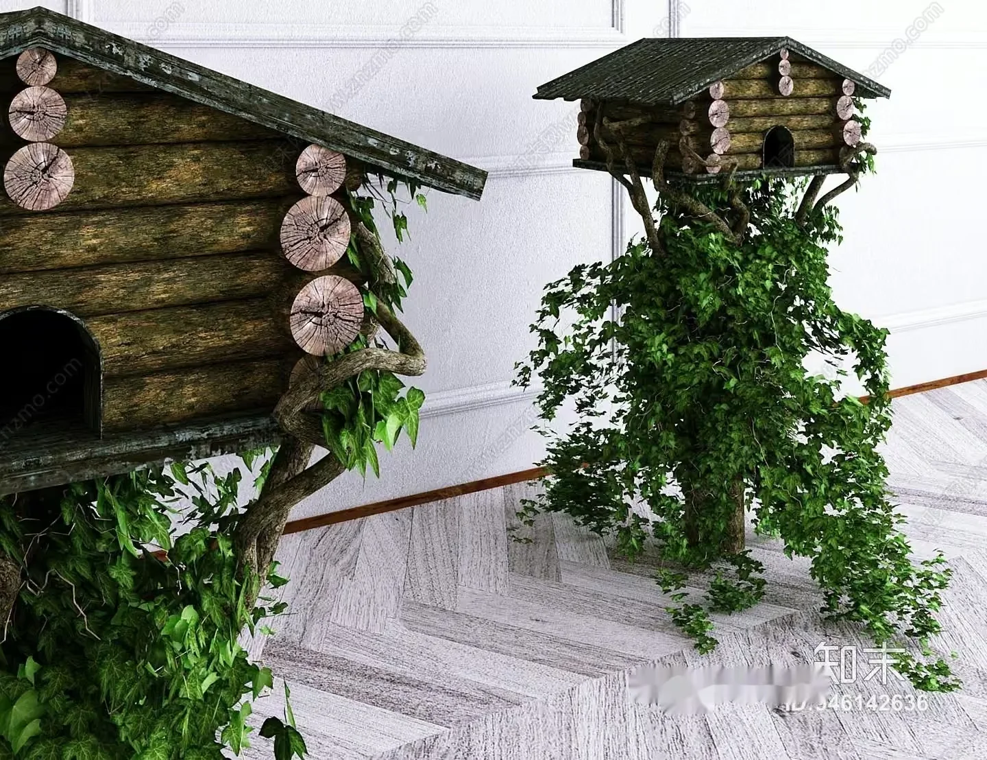 Wooden Birdhouses With Green Vines 3D Model – 11298 – VRAY Render