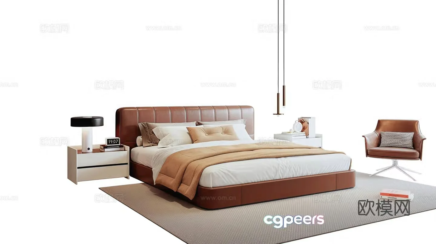 Italian light luxury double bed bed nightstand leather bed fabric bed 3D model