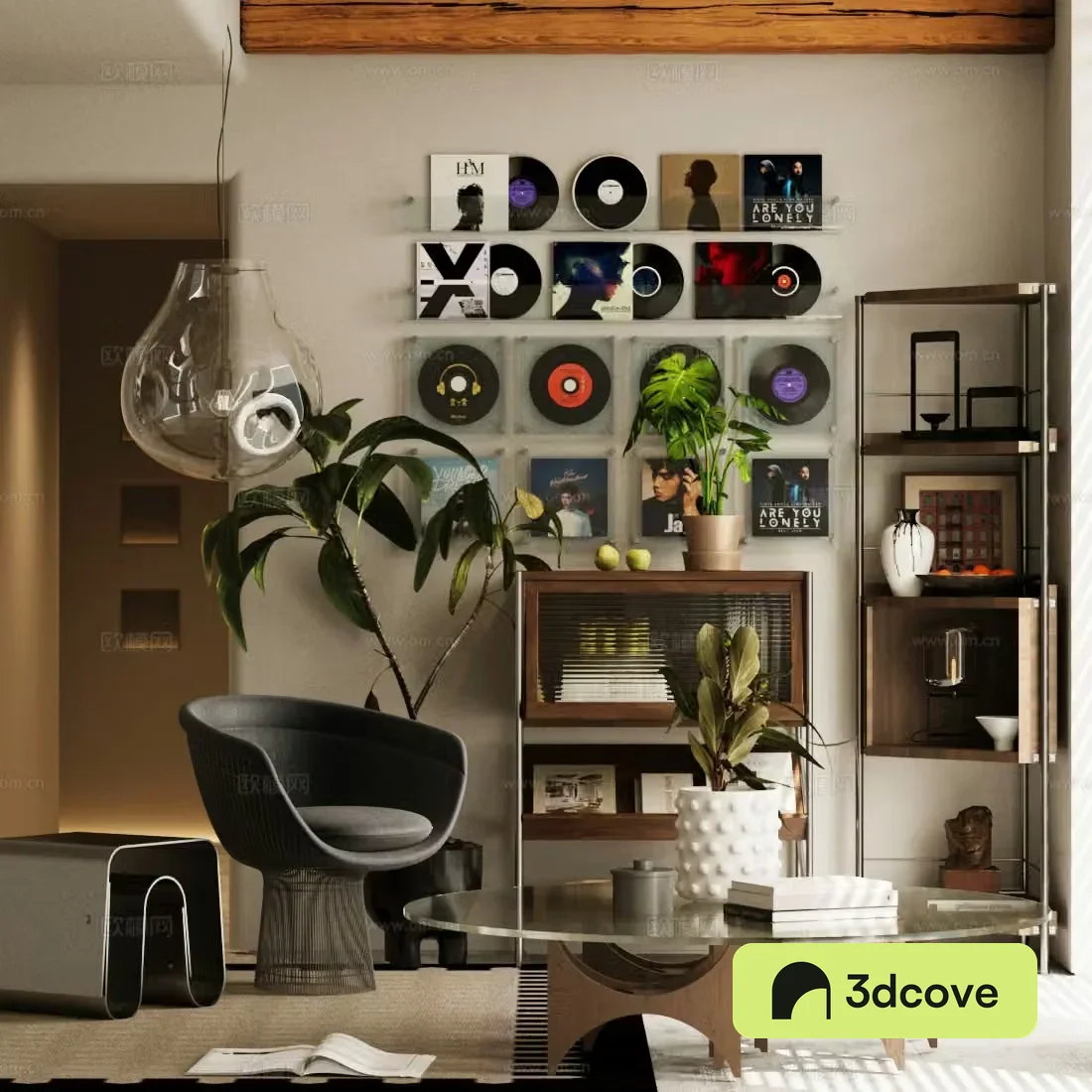 Middle style leisure chair sofa chair record wall light bulb chandelier magazine cabinet 3d model