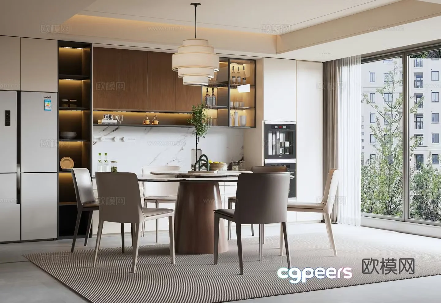 Modern Italian restaurant Round dining table Refrigerator sideboard Chandelier 3d model