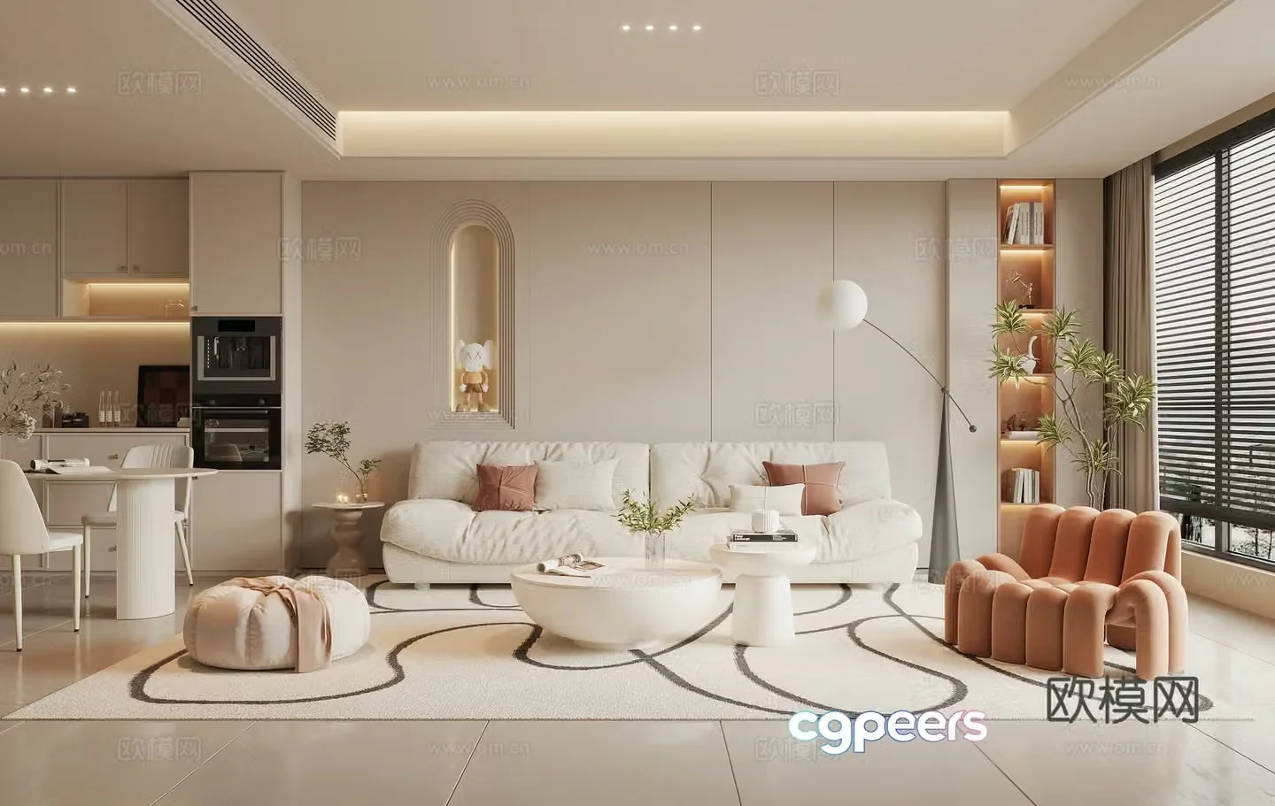 Modern Cream Style Restaurant 3D Model