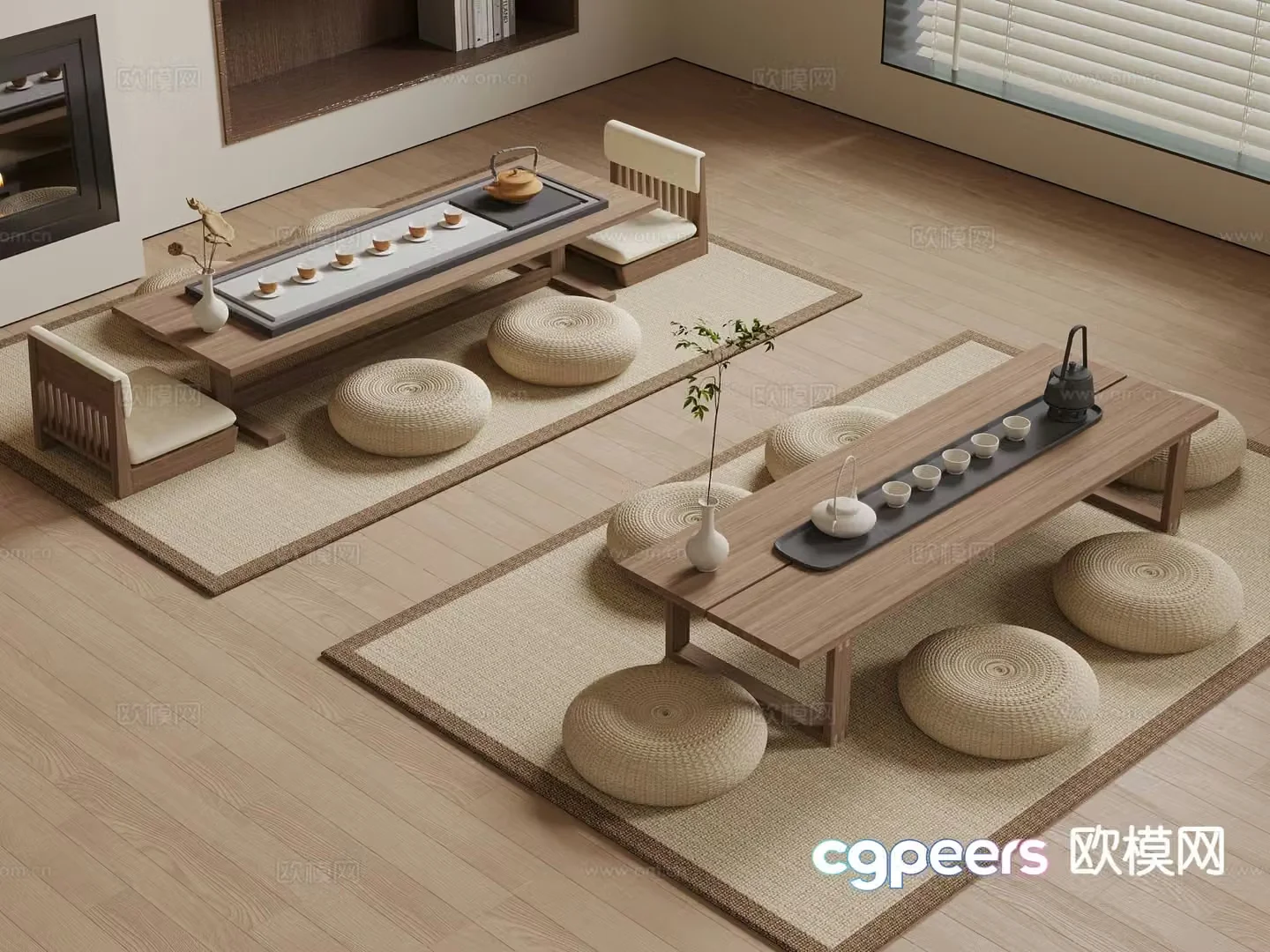 New Chinese style tatami tea table and chairs 3d model