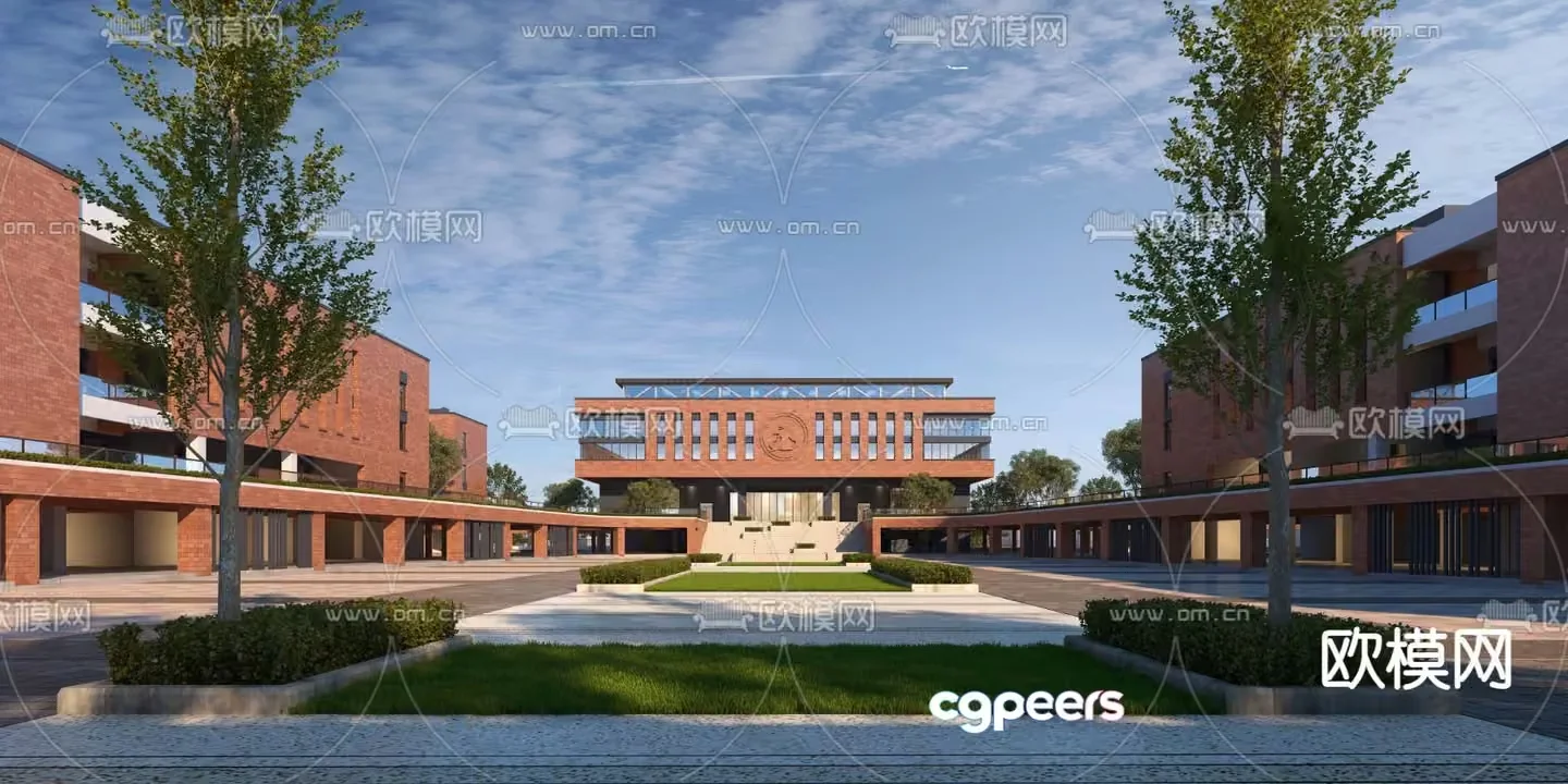 The Main Subject Is A Modern Building With A Red Brick Facade 3D Model – 6815 – VRAY Render