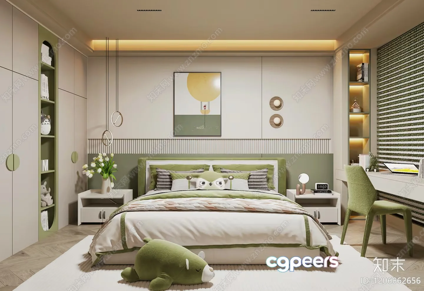 Cozy Green Bedroom 3D Model – 6157 – VRAY Render