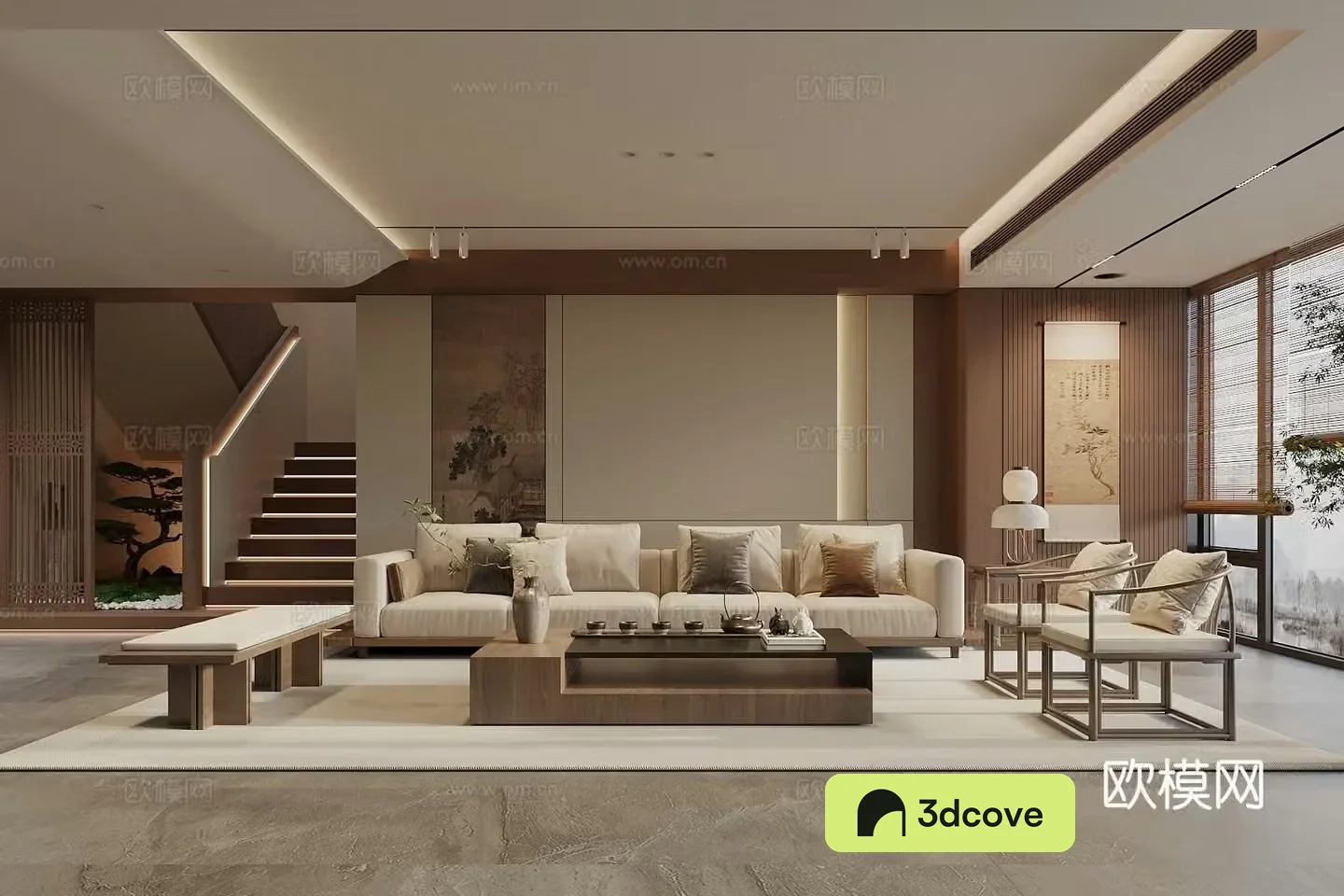 Song style new stroke living room sofa coffee table combination sofa background wall leisure chair stairs landscape